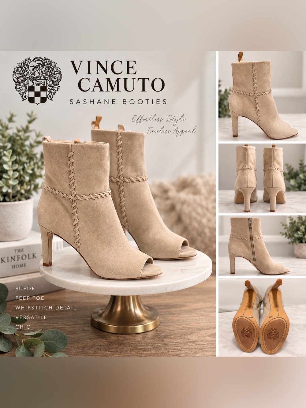 Vince Camuto Sashane Pecan Suede Peep Toe Whipstitch Booties 8.5
